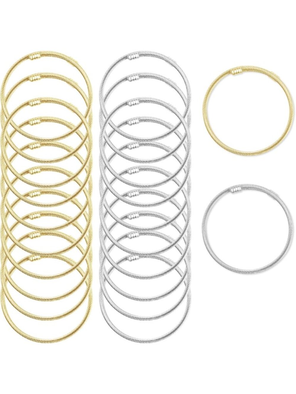 20 Pcs Twisted Cable Wire Bracelets Set - Adjustable Stainless Steel Cuffs for